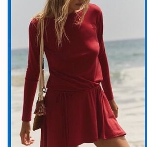 Long-Sleeve Crimson Knit Drawstring Waist Dress